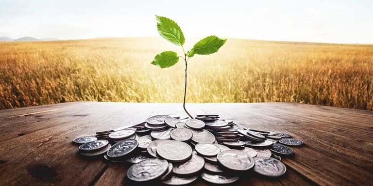 Sapling rising from coins with a background field of wheat round 1000x500